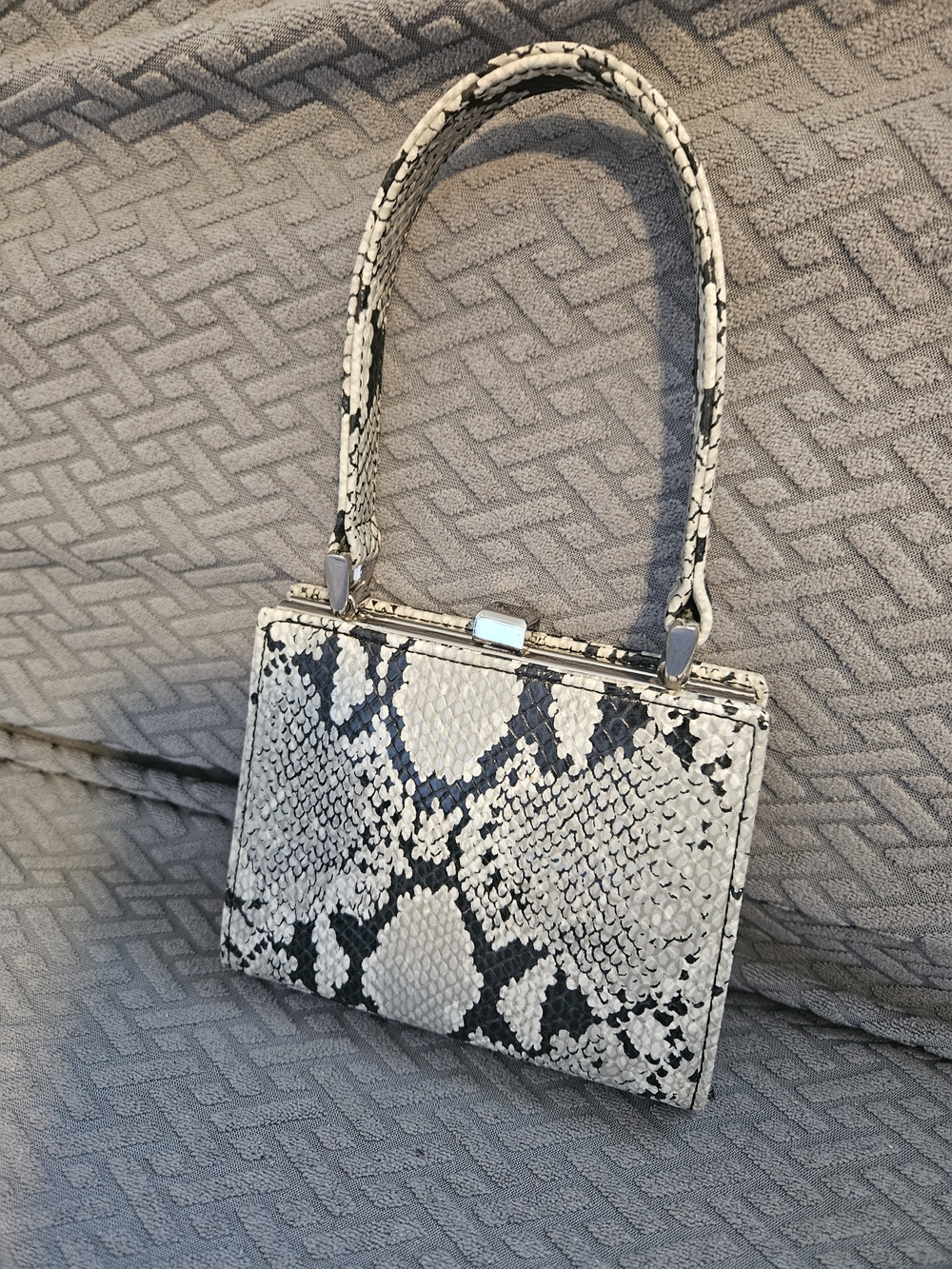 Nine West Snake-Print Mini Top-Handle Bag in Off-White and Black